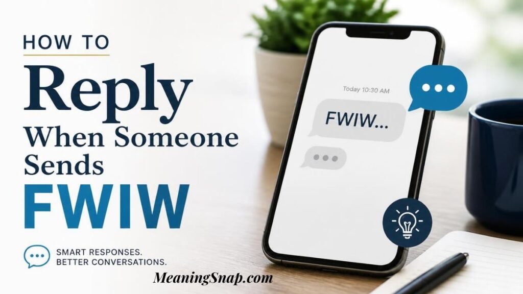 Smartphone on desk displaying text message with FWIW and guide on how to reply when someone sends FWIW.