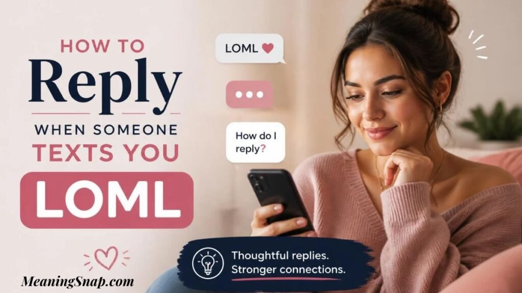 Smiling woman looking at smartphone considering how to reply when someone texts LOML in a chat.   