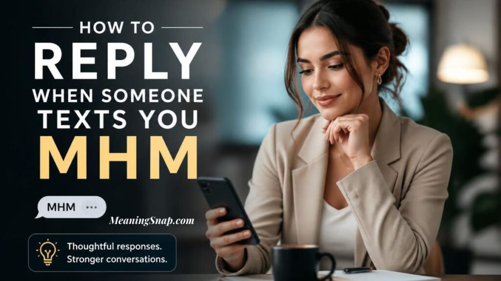 Smiling professional woman looking at her smartphone with a chat bubble showing how to reply when someone texts you MHM.