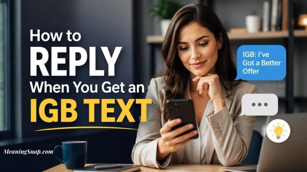A woman looking thoughtfully at her smartphone next to a blue chat bubble reading "IGB: I've Got a Better Offer" alongside headline text explaining How to Reply When You Get an IGB Text.   