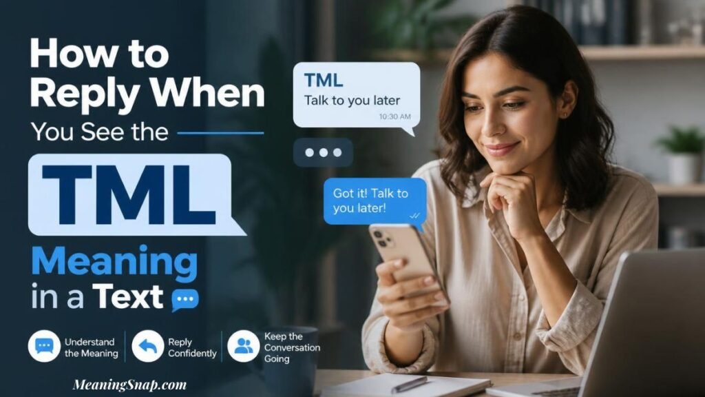 Smiling woman holding smartphone at desk showing chat bubbles on how to reply when you see the TML meaning in a text.