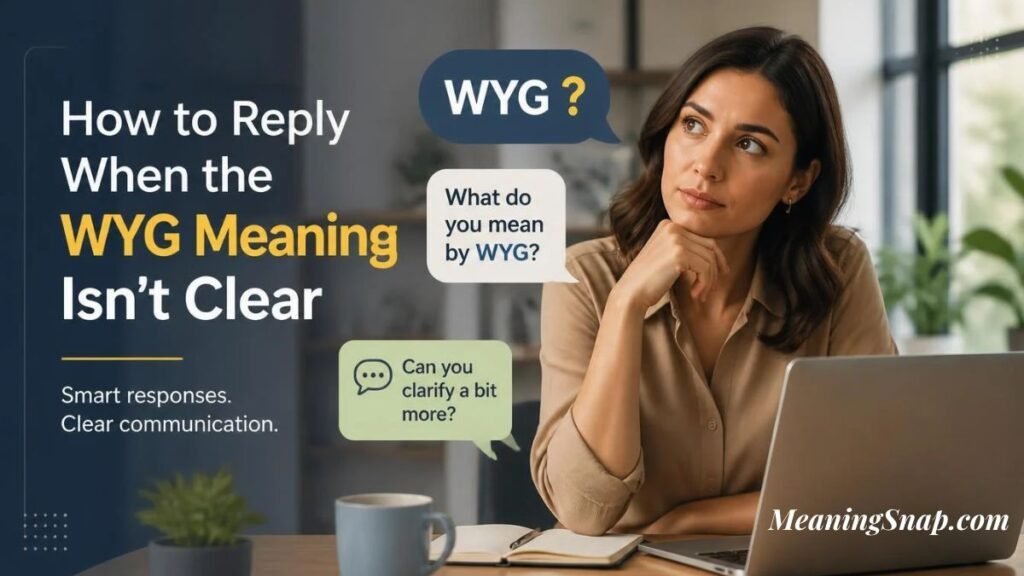 Thoughtful woman at laptop considering how to reply when the WYG meaning isn't clear in text conversations.   