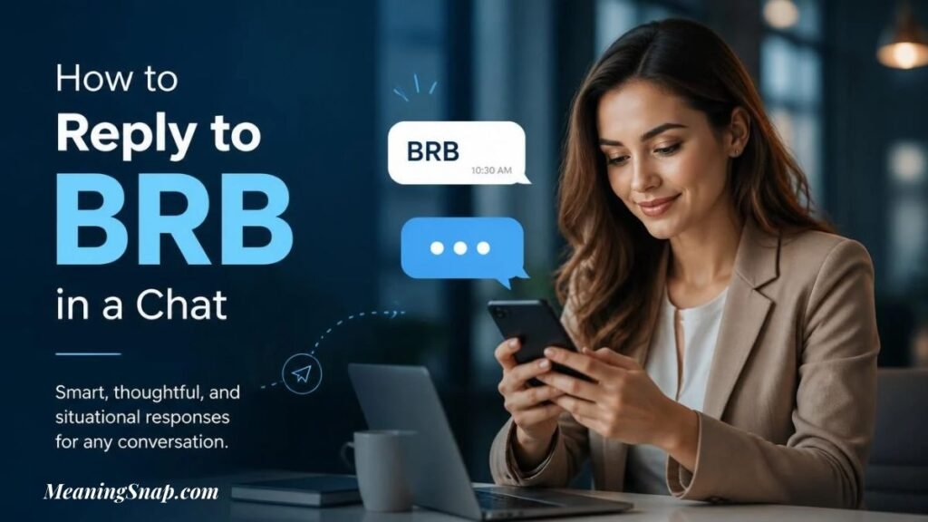 A woman sitting at a desk with a laptop holding a smartphone next to floating chat bubbles displaying "BRB" and headline text explaining how to reply to BRB in a chat.