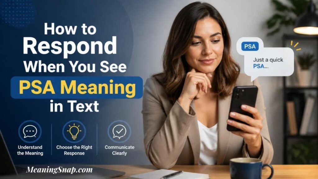 Professional woman looking at smartphone message displaying PSA with action badges on how to respond when you see PSA meaning in text.   