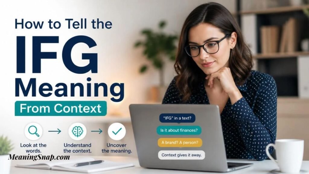 Focused woman with glasses looking at laptop displaying steps to decipher IFG meaning from context in text messages.