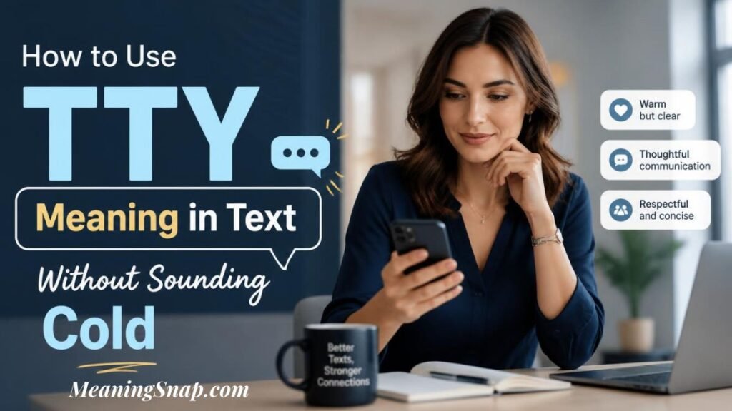 Smiling woman holding smartphone at desk with coffee mug displaying guide on how to use TTY meaning in text without sounding cold.   