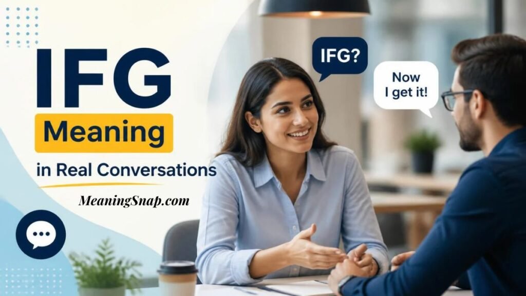 Smiling woman explaining IFG meaning in real conversations to a male colleague across a table.
