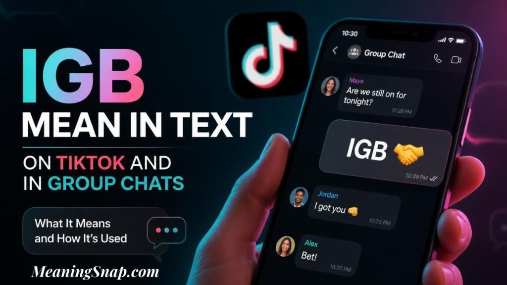 A hand holding a smartphone displaying a group chat with messages reading "IGB 🤝" and "I got you 👊" alongside headline text explaining the IGB meaning in text on TikTok and in group chats.   