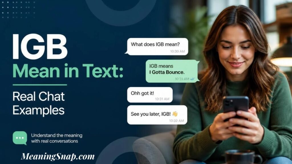 A smiling woman looking at her smartphone next to chat bubbles showing real-life examples of "IGB" meaning "I Guess Bro".   