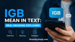 A person holding a smartphone next to a floating chat bubble reading "IGB" alongside headline text explaining IGB mean in text with the real meaning explained.