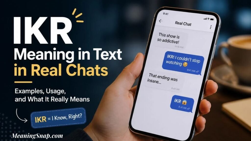 Hand holding a smartphone displaying a chat message with IKR meaning in text as I Know, Right? in real chat conversations.   