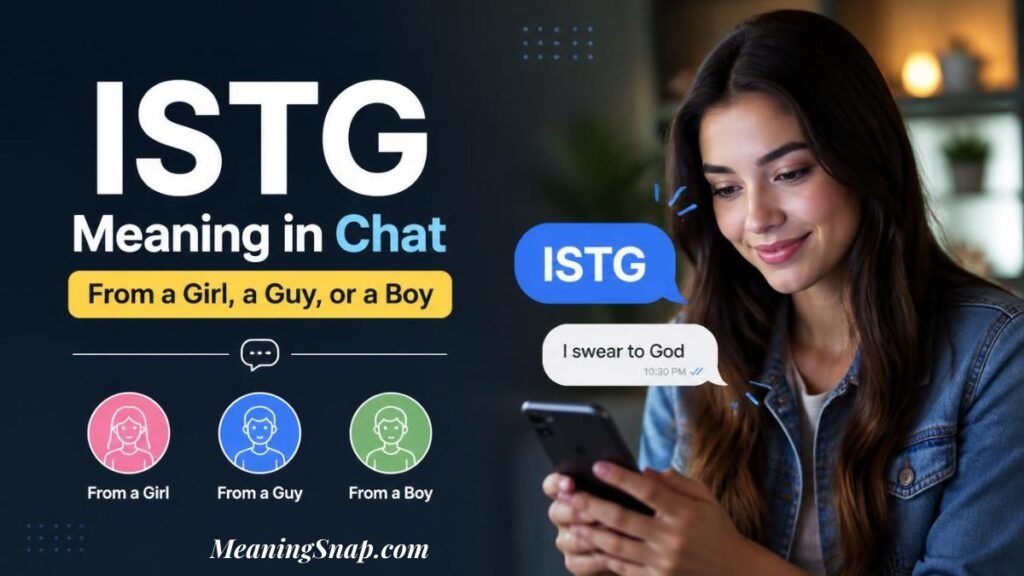 Smiling woman looking at smartphone showing ISTG meaning in text as I swear to God with user avatars for girl, guy, and boy.