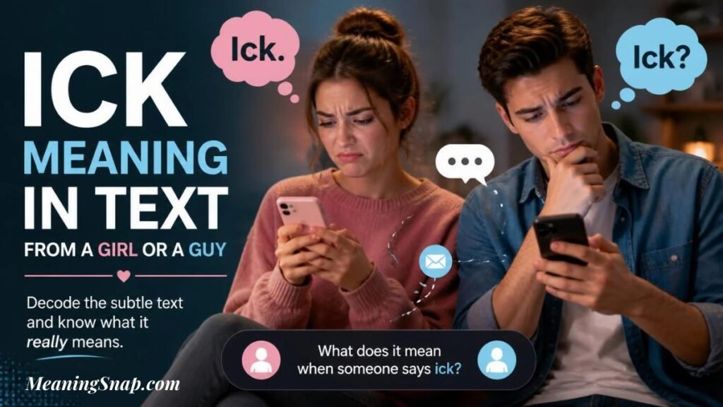 A woman and a man looking at smartphones with thought bubbles displaying "Ick." and "Ick?".   