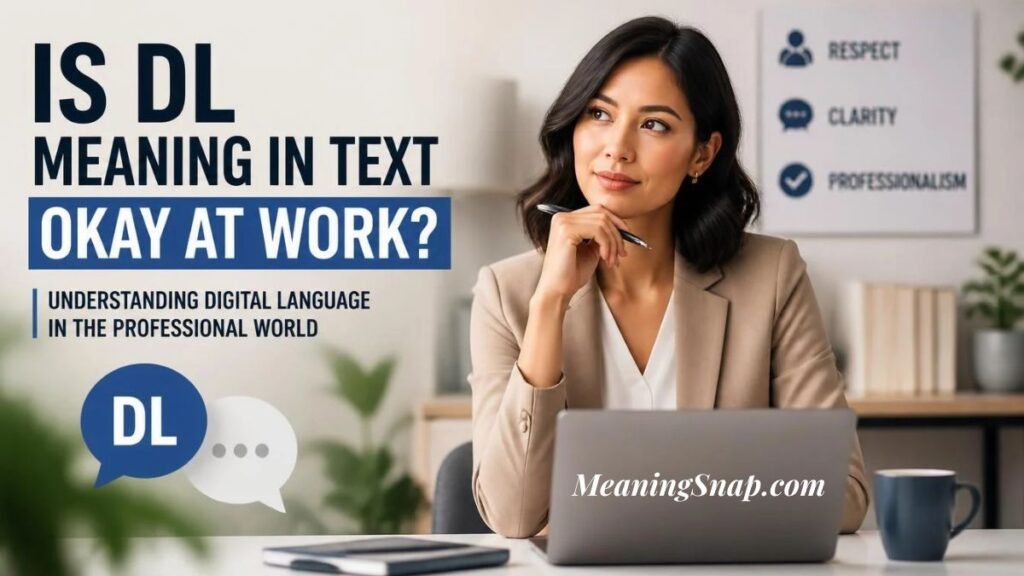 Professional woman sitting at a desk with a laptop and coffee cup, pondering if DL meaning in text is okay at work.