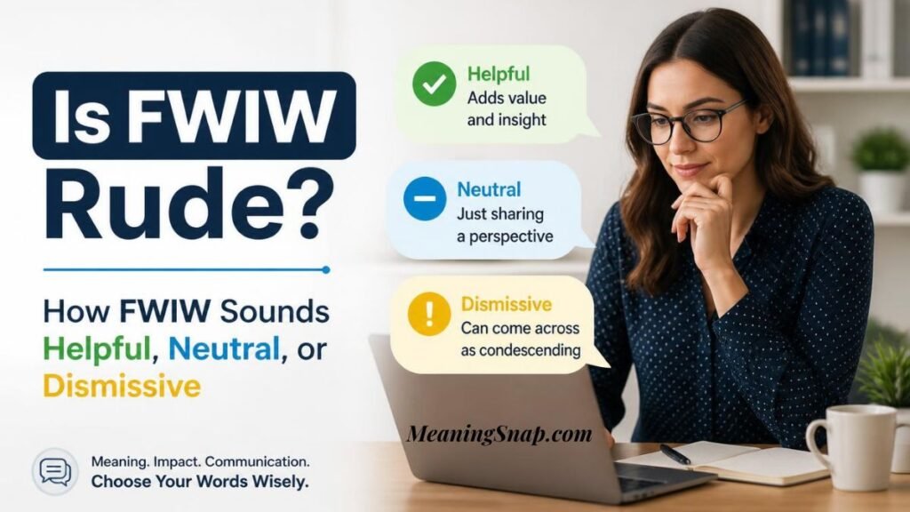 Focused woman with glasses at laptop analyzing whether FWIW meaning in text sounds helpful, neutral, or dismissive.