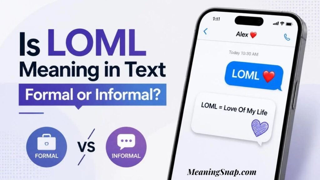 Smartphone screen displaying LOML text message exchange alongside icons comparing formal versus informal communication tone.   