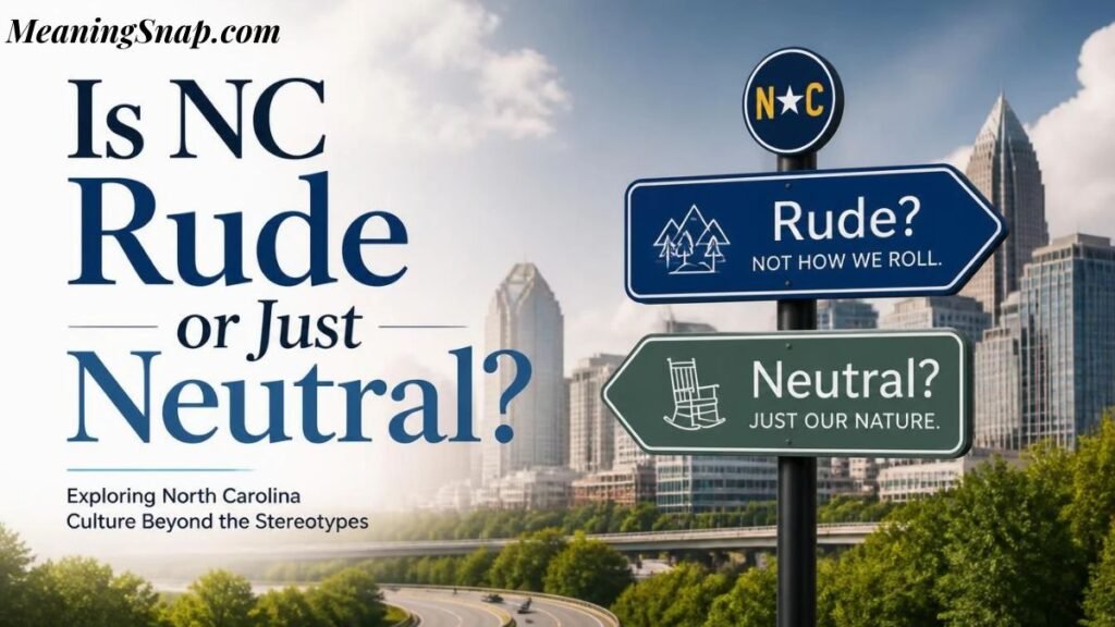 Road signpost against city skyline with directional arrows asking if NC is rude or just neutral.   