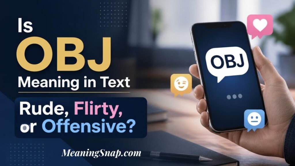 Hand holding smartphone displaying OBJ speech bubble with emoji icons asking if OBJ meaning in text is rude, flirty, or offensive.   