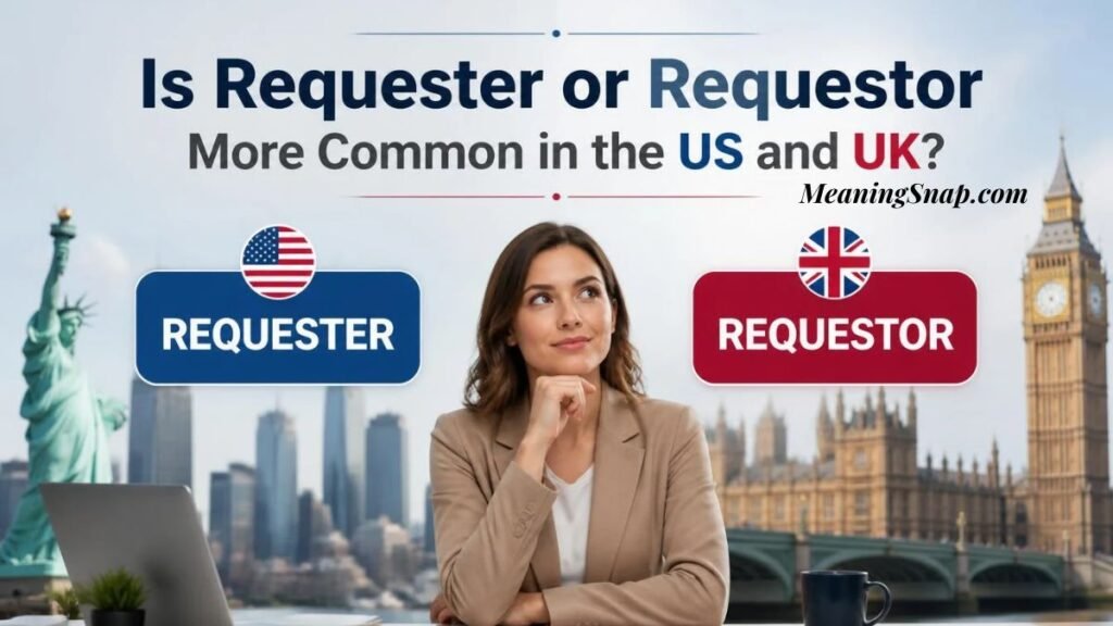 Thoughtful woman seated between US and UK landmarks comparing regional preferences for Requester versus Requestor spelling variants.