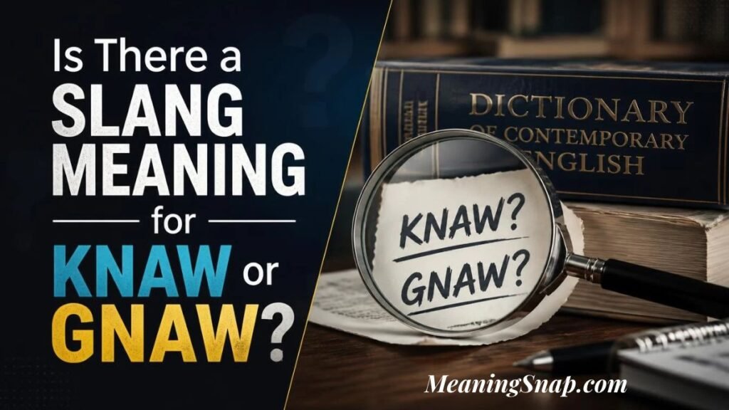 A dictionary and a magnifying glass focusing on handwritten text reading "KNAW? GNAW?" with headline text exploring knaw or gnaw slang meanings.   