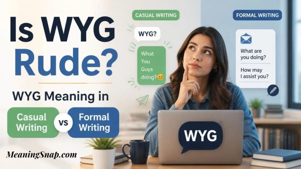 Thoughtful woman at laptop considering whether WYG is rude, contrasting casual writing with formal writing alternatives.   