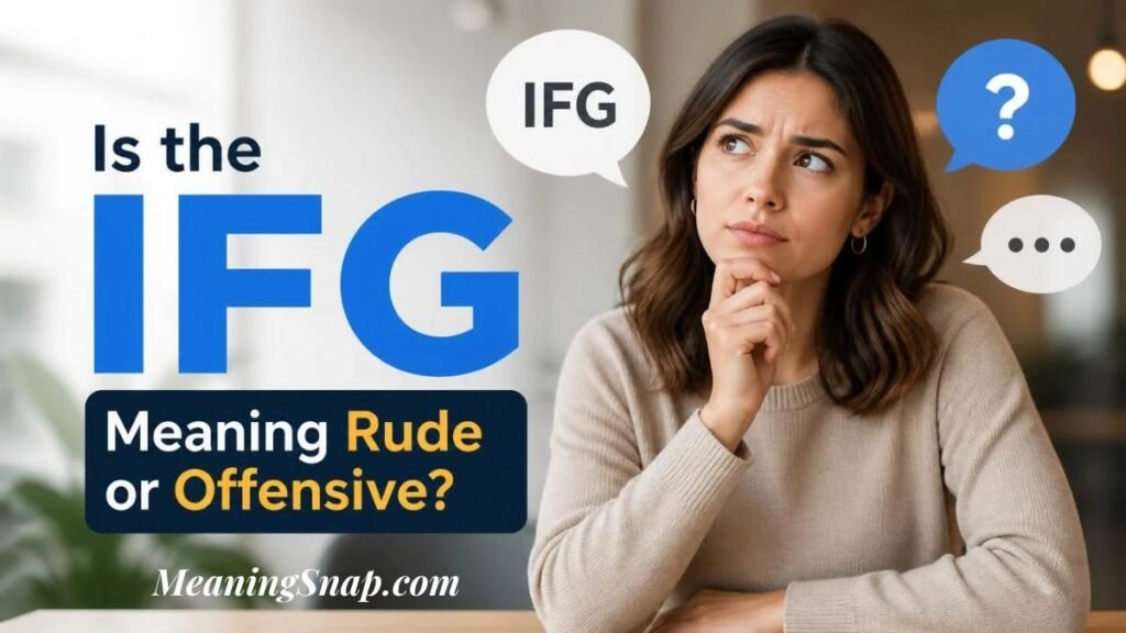 Thoughtful woman holding chin considering if the IFG meaning in text messaging is rude or offensive.