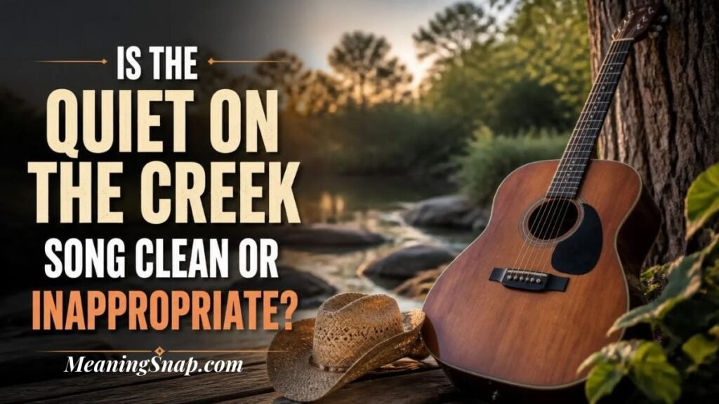 Acoustic guitar leaning against a tree next to a straw hat on a dock by a peaceful creek.   