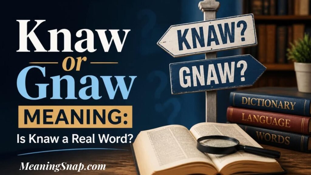 A comparison showing knaw or gnaw with signposts over open books, a magnifying glass, and stacked reference dictionaries.   