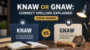 A comparison showing knaw or gnaw with an open notebook, stacked books, and a small mouse chewing on wood alongside explanatory cards.