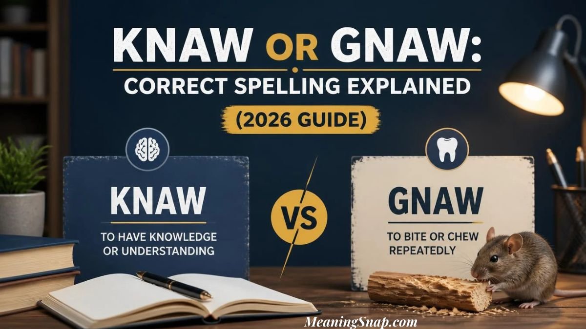 A comparison showing knaw or gnaw with an open notebook, stacked books, and a small mouse chewing on wood alongside explanatory cards.