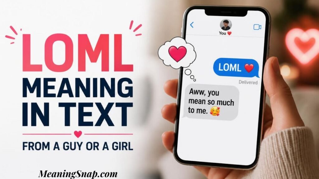 Hand holding smartphone displaying LOML text exchange with heart emoji and thoughtful response from a guy or a girl.   