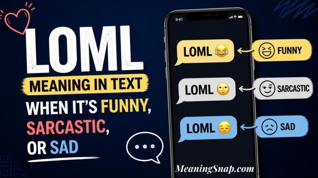 Smartphone displaying LOML text messages paired with funny, sarcastic, and sad emojis explaining tone variations in texting.
