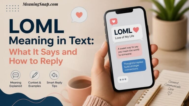Hand holding smartphone showing LOML Love of My Life text messages beside coffee cup, notepad, and smart reply guide icons, illustrating LOML Meaning in text.