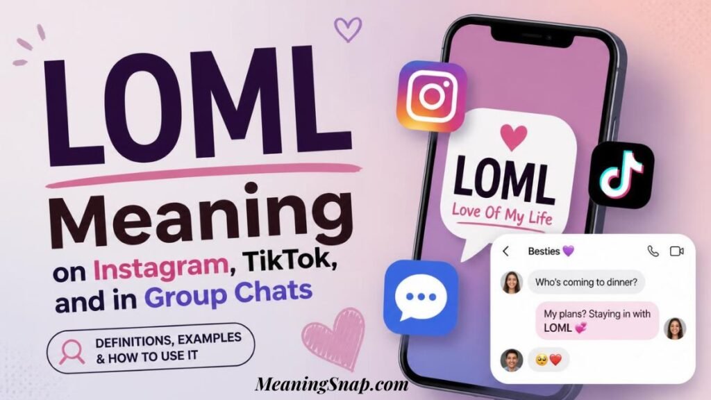 Smartphone screen displaying LOML text exchange in a group chat alongside Instagram, TikTok, and messaging app icons.   