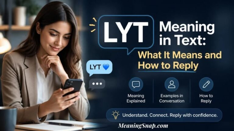 Woman at office desk using smartphone viewing LYT message in blue speech bubble with heart symbol.