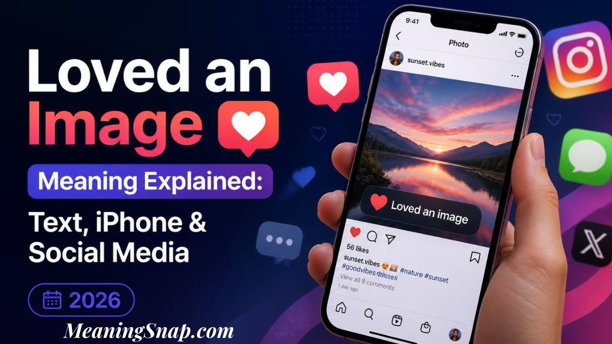A hand holding a smartphone displaying an Instagram photo with a heart reaction overlay saying loved an image alongside text explaining its meaning across text, iPhone, and social media.
