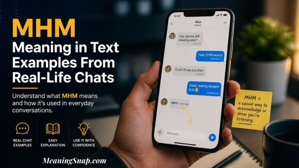 Hands holding a smartphone displaying a chat message with MHM meaning in text based on real-life conversations.