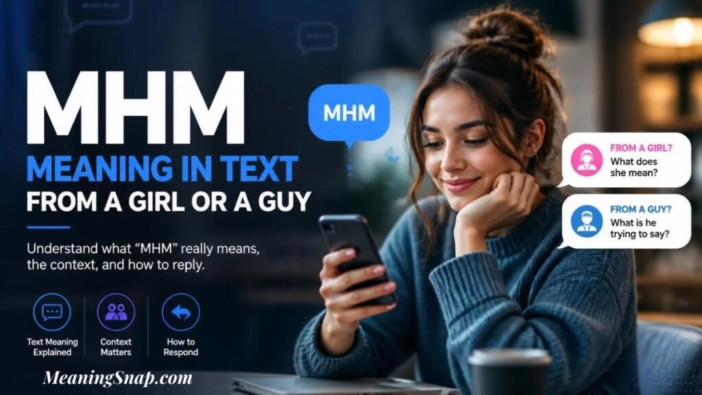 Smiling woman in a blue sweater looking at her smartphone with chat bubbles explaining the MHM meaning in text from a girl or a guy.
