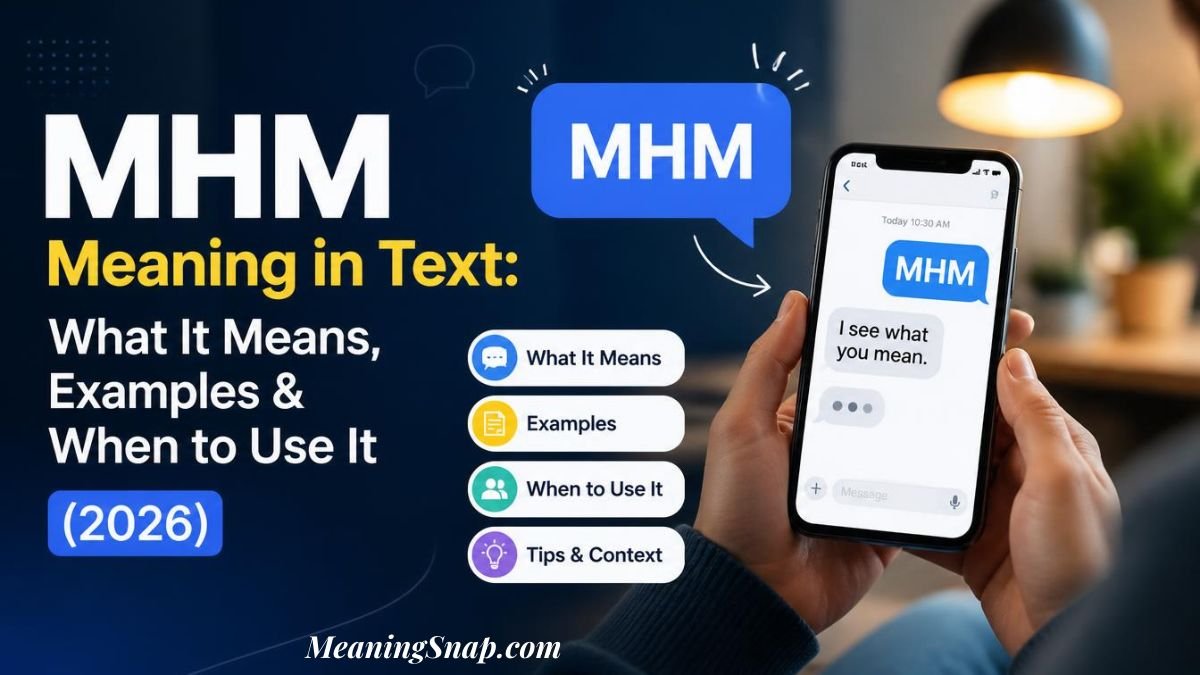 Hands holding a smartphone displaying a chat message with MHM meaning in text as I see what you mean.
