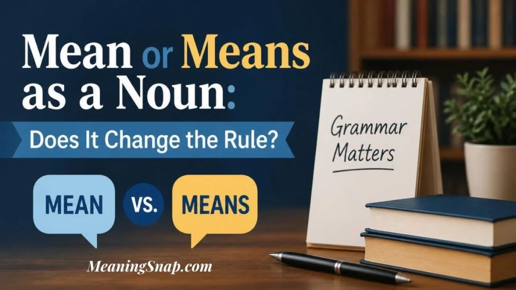 Desktop layout with flip notepad reading Grammar Matters comparing Mean versus Means as a noun in English grammar.   