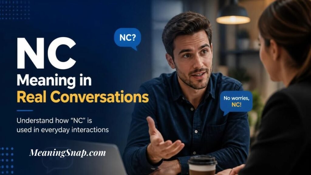 Man gesturing while talking across desk to colleague displaying speech bubbles explaining NC meaning in real conversations.   