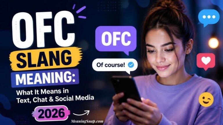 A smiling woman in a purple sweater looking at her smartphone with chat bubbles showing "OFC" and "Of course!" alongside headline text explaining the OFC slang meaning in text, chat, and social media for 2026.