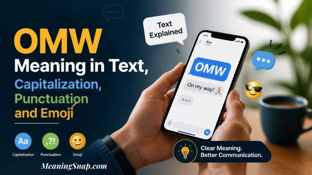 A hand holding a smartphone displaying an "OMW" chat thread alongside icons and text explaining the OMW meaning in text, capitalization, punctuation, and emoji usage.