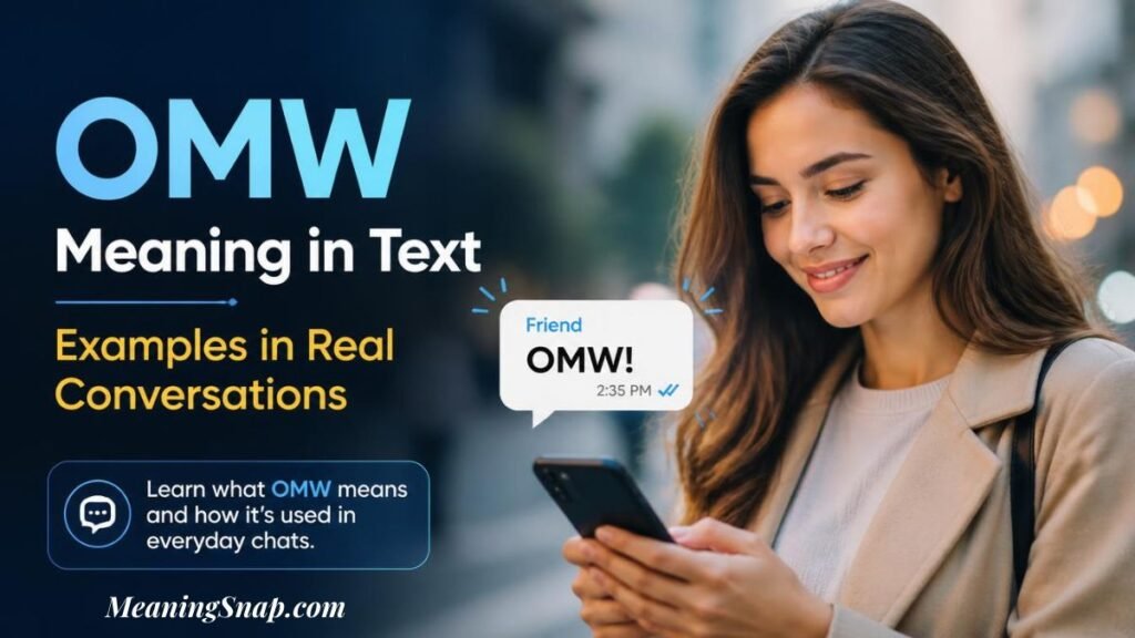 A smiling woman using a smartphone with a text notification from a friend reading "OMW!" alongside headline text exploring the OMW meaning in text and examples in real conversations.