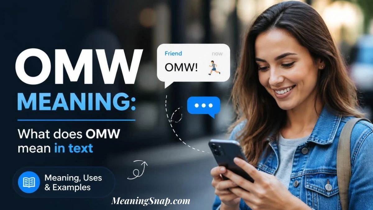 A smiling woman using a smartphone outdoors with a text notification reading "OMW!" alongside a running figure icon and headline text exploring the OMW meaning in text.