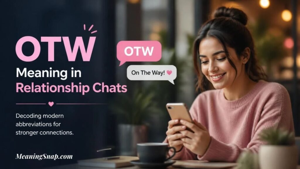A young woman in a pink sweater smiling while looking at her smartphone next to floating chat bubbles reading "OTW" and "On The Way! đź’•" alongside headline text explaining the OTW Meaning in Relationship Chats.