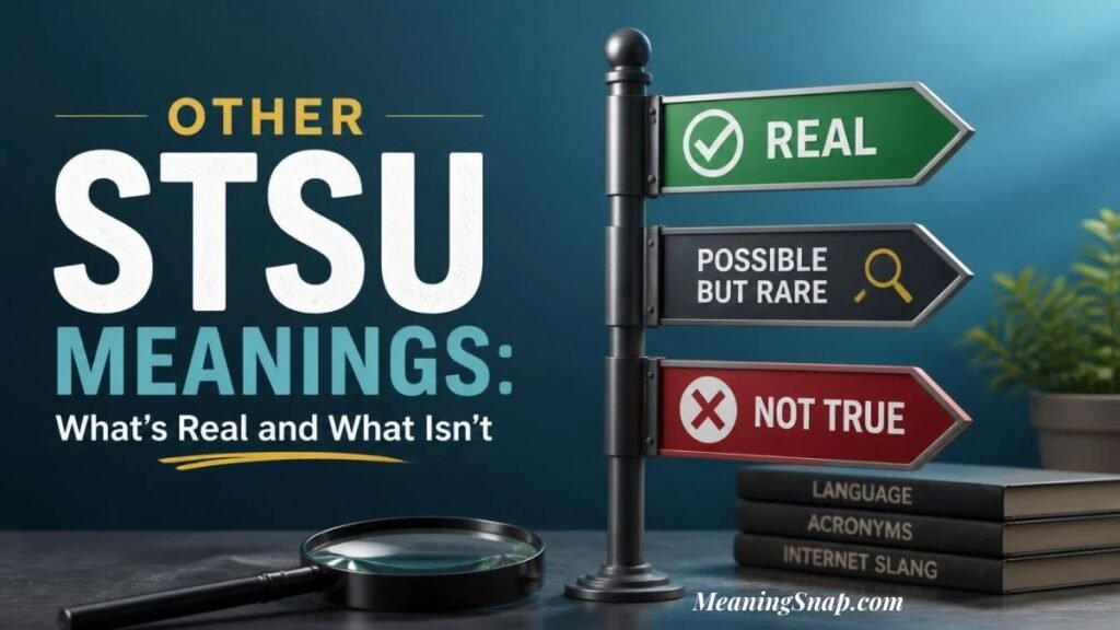 Directional signpost pointing to Real, Possible But Rare, and Not True next to books explaining STSU meaning in text.