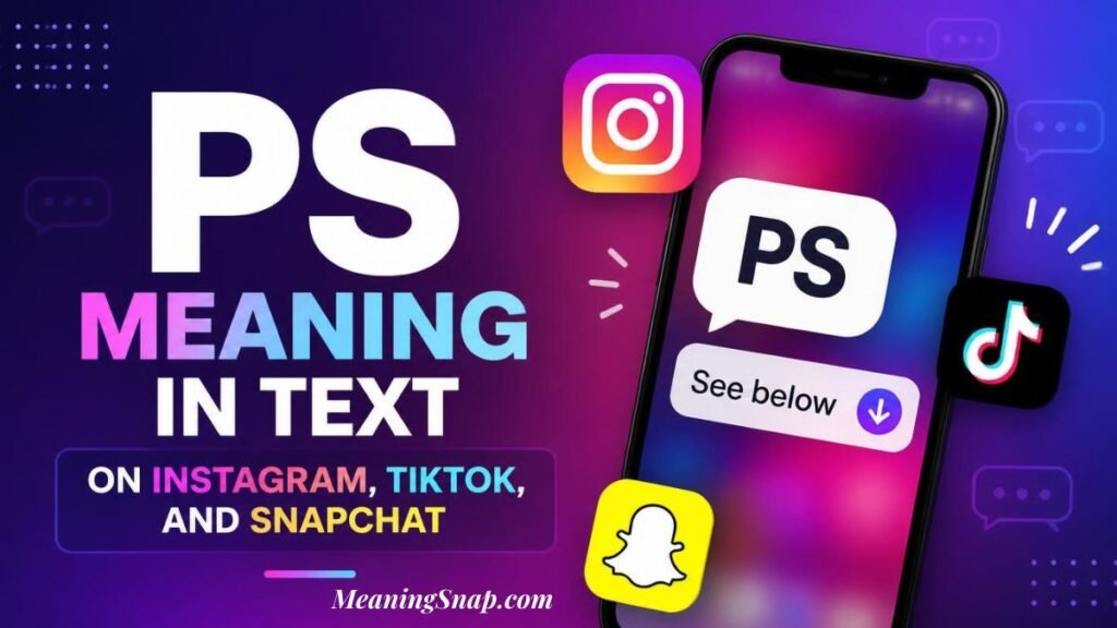 Smartphone displaying PS postscript speech bubble surrounded by Instagram, TikTok, and Snapchat social media app logos.   