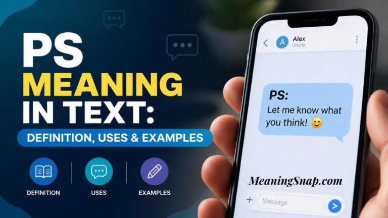 Hand holding smartphone displaying PS postscript text message in chat window beside usage guide icons.