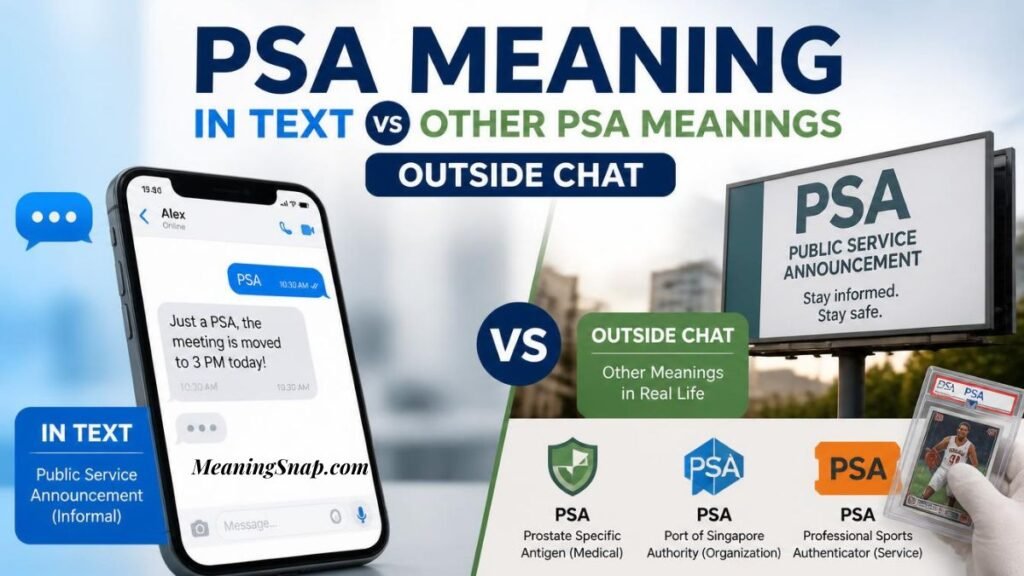 Smartphone chat comparing PSA meaning in text versus real-life meanings like billboard ads, medical tests, and sports grading.   